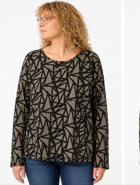 Westbound Black & Cream Geometric V-Neck Long Sleeve Top 2X